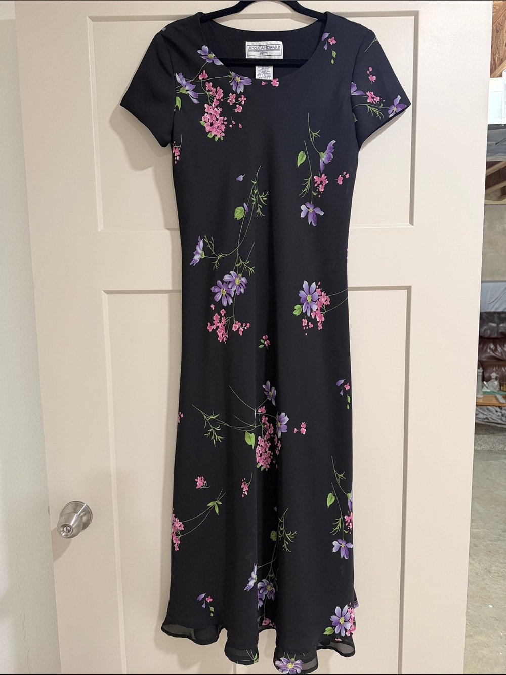 1990s Jessica Howard Black Midi Dress with Pink & Purple Floral Print